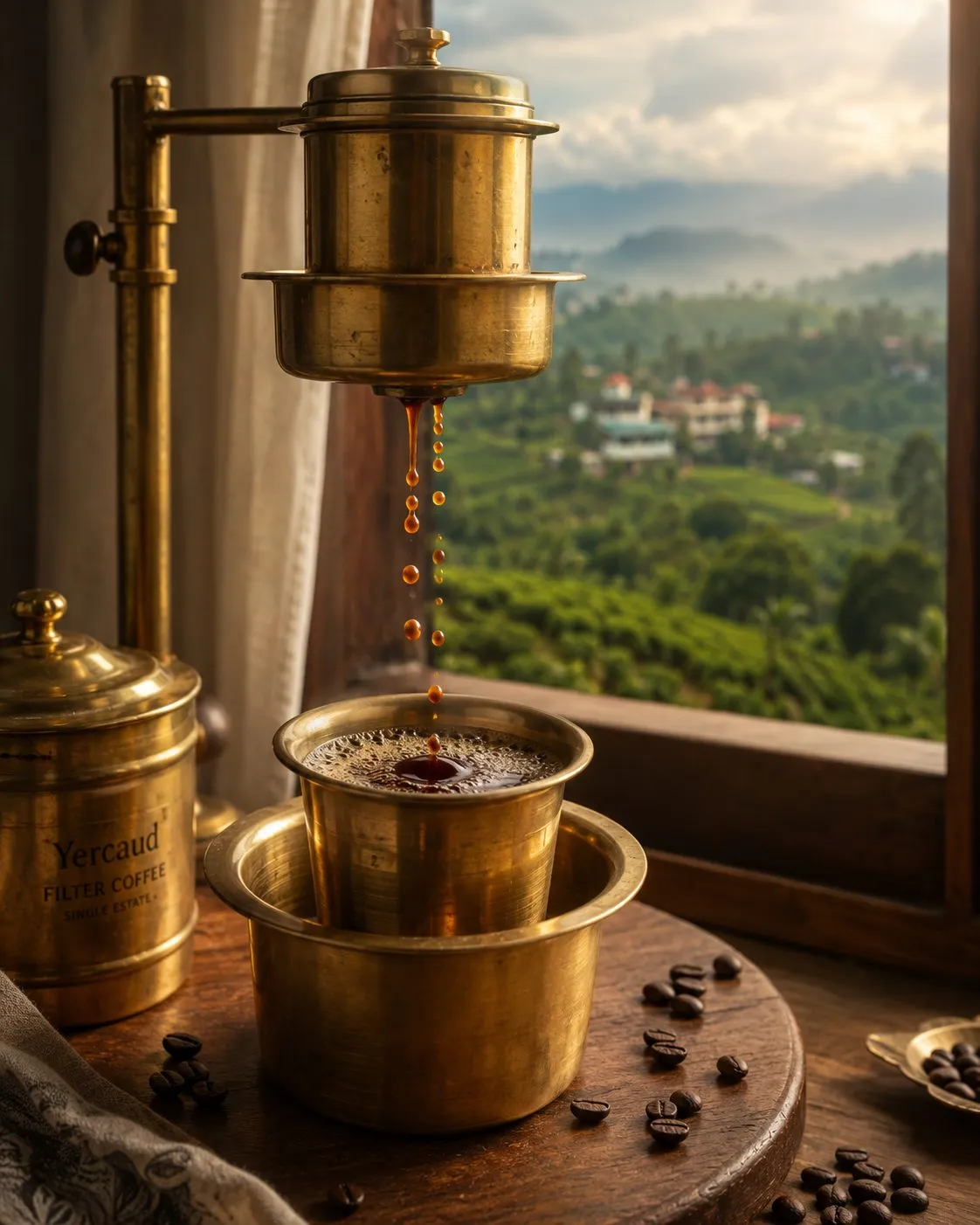 A brass pour-over dripper brewing beside a window that opens onto the estate slope