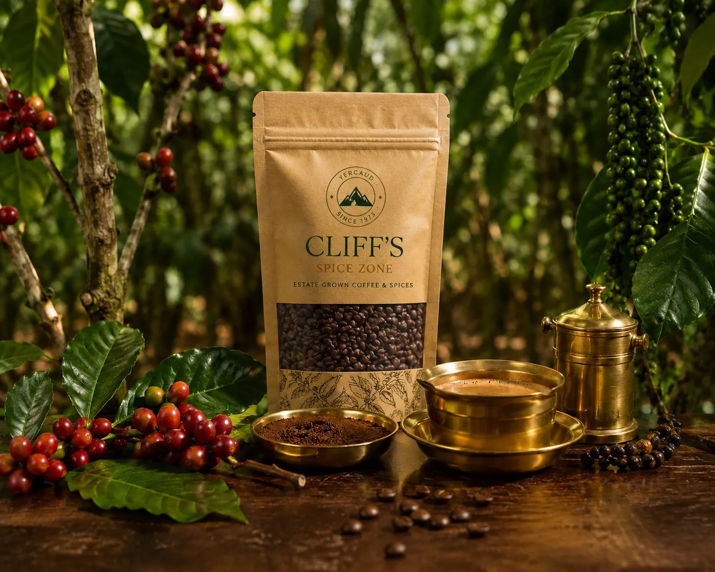 A Cliff's Spice Zone pouch with a brass dabara and tumbler among ripening coffee cherries and pepper vines on the estate