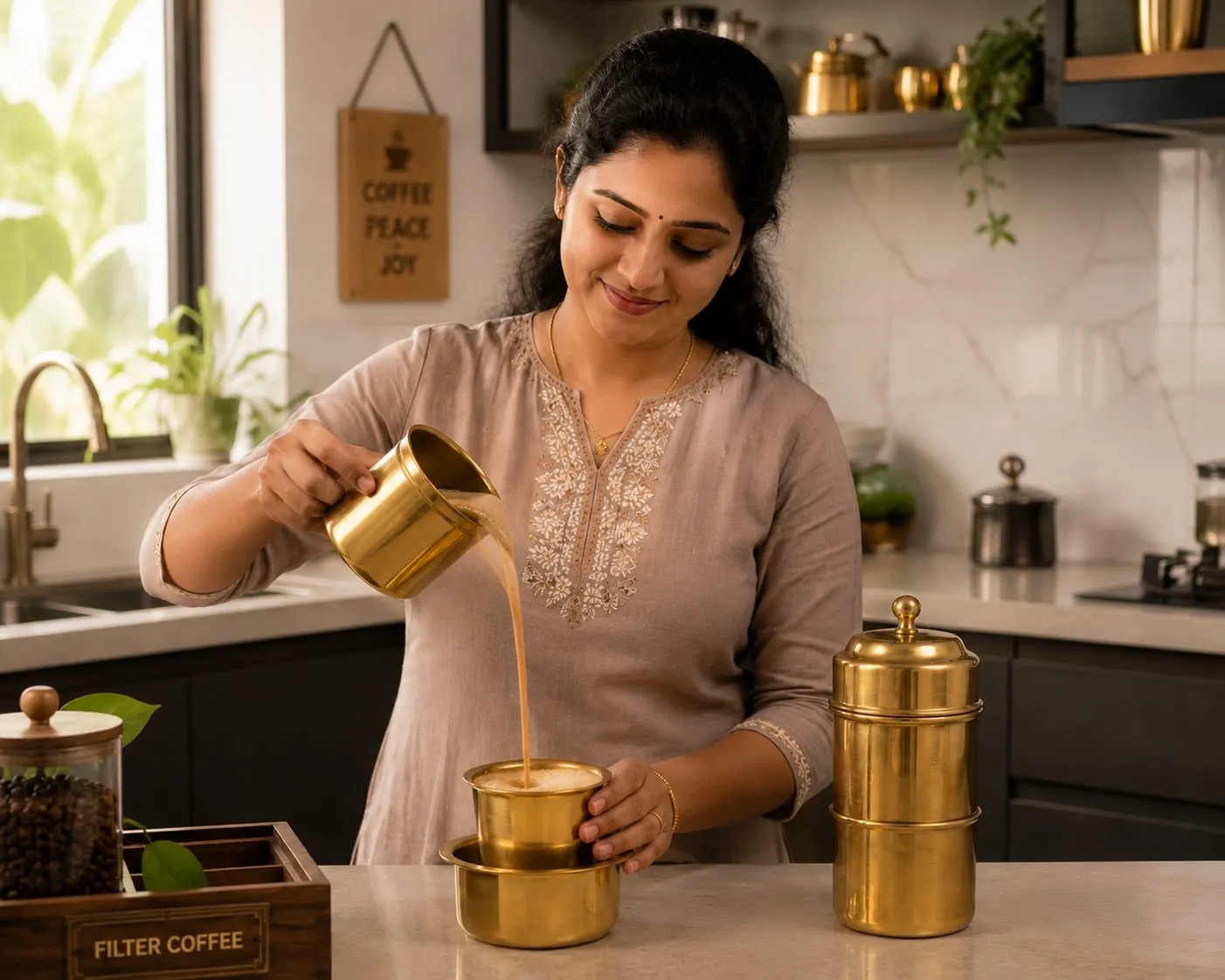 Filter coffee decoction being poured between a brass dabara and tumbler in an estate kitchen
