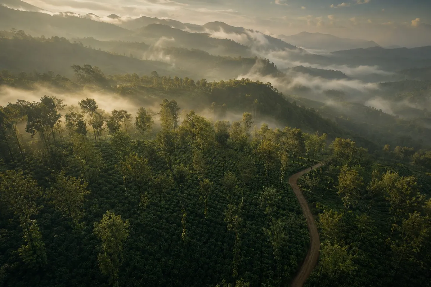 Mist lying in the folds of the Shevaroy ridge at first light, with the estate road winding through the shaded rows