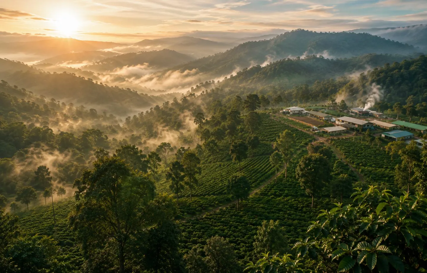 First light over the estate buildings and the coffee slopes of Cliff's Estate, Yercaud