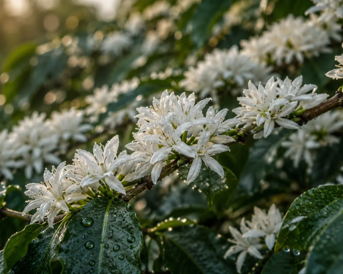 Macro detail of a coffee blossom, the estate's four-day flowering window