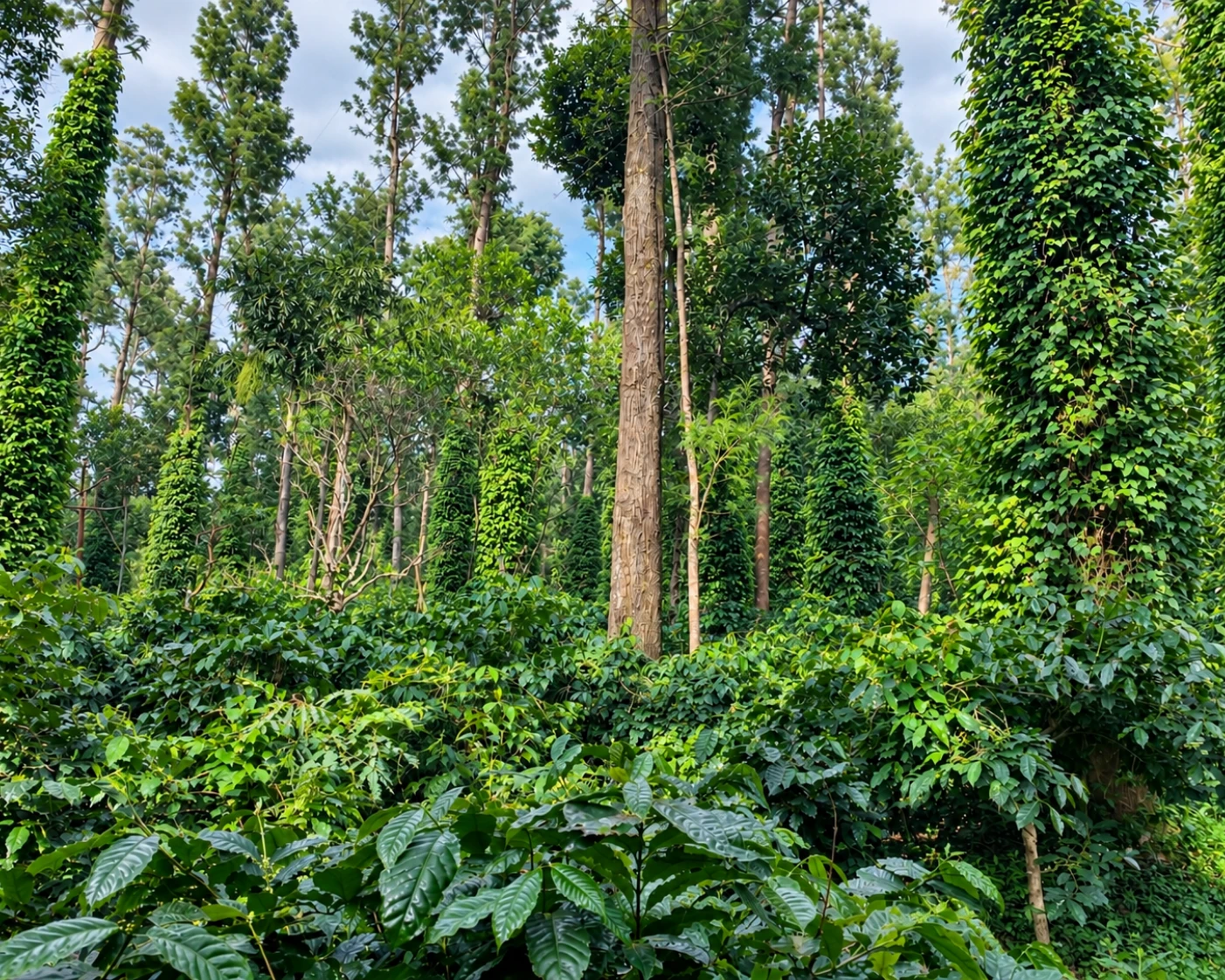 Silver oak shade trees standing over the coffee rows with pepper vines on their trunks