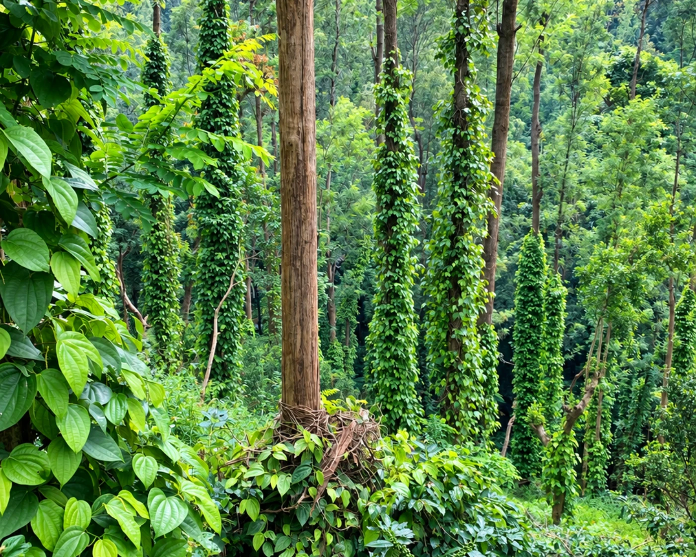 Mature pepper vines wound up the trunks of estate silver oak shade trees