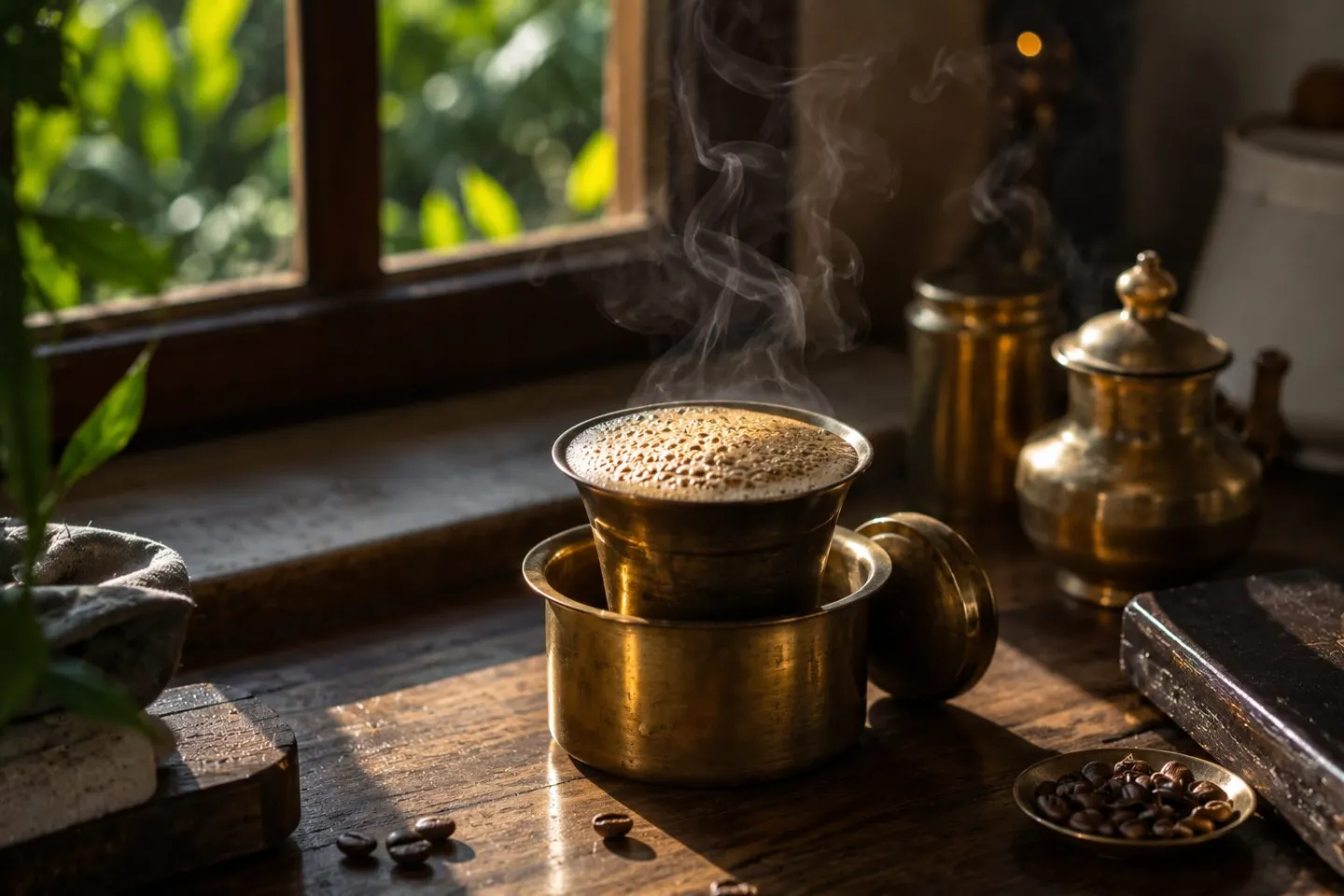 A brass South Indian filter set brewing beside a window looking out over the estate