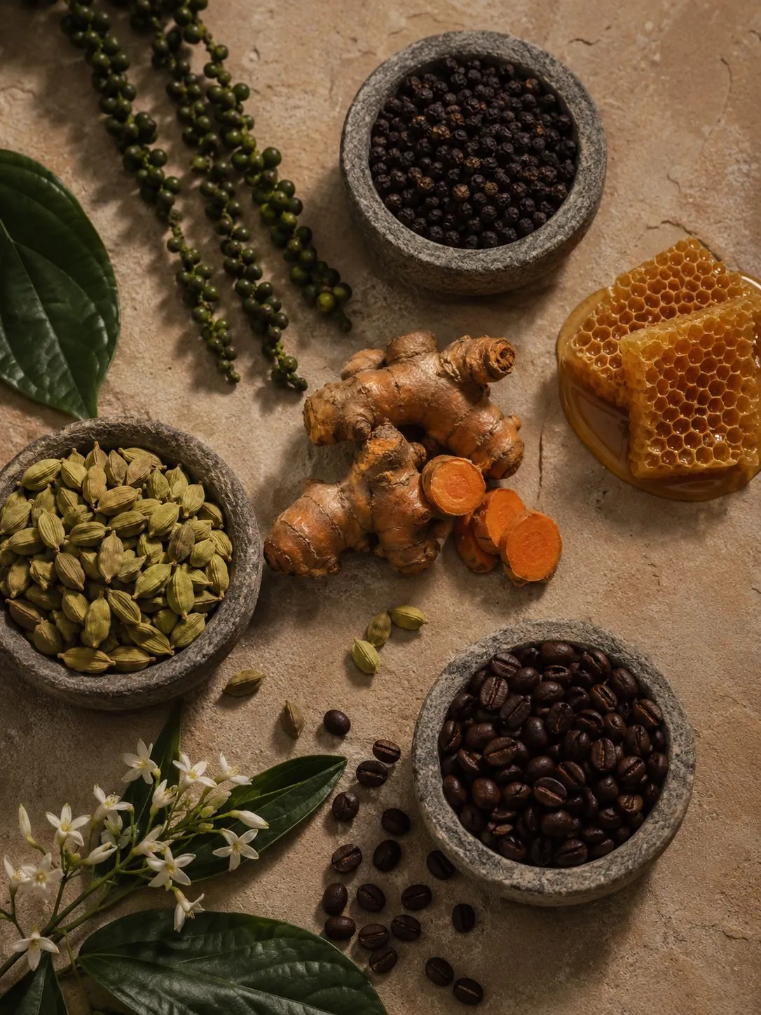 Estate honey, cardamom and peppercorns laid out in the packing store