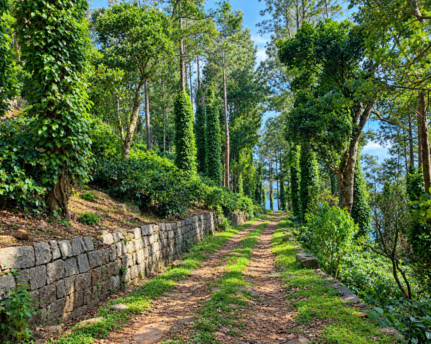 The estate road on the walk in, coffee below and pepper vines above