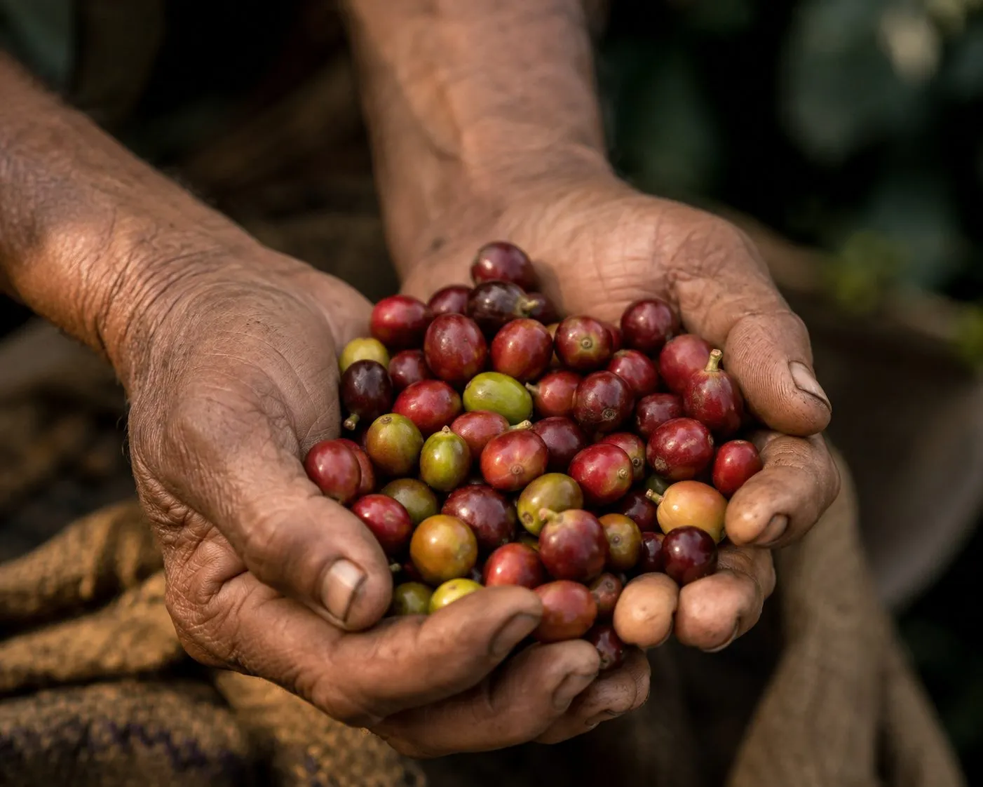 A keeper's hands holding freshly picked red and yellow coffee cherries on the estate