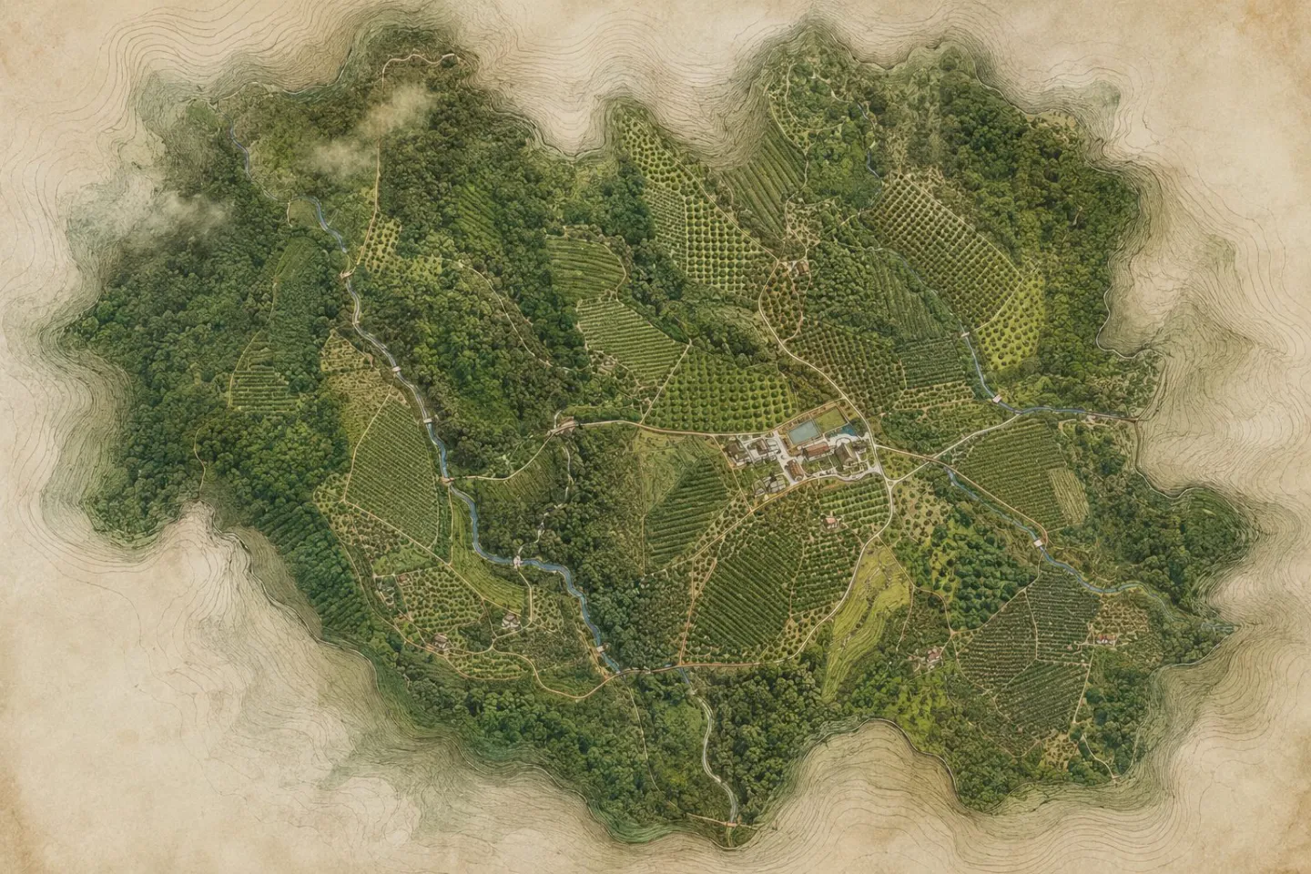 Illustrated survey map of Cliff's Estate showing coffee blocks, tree lines, roads and the estate yards