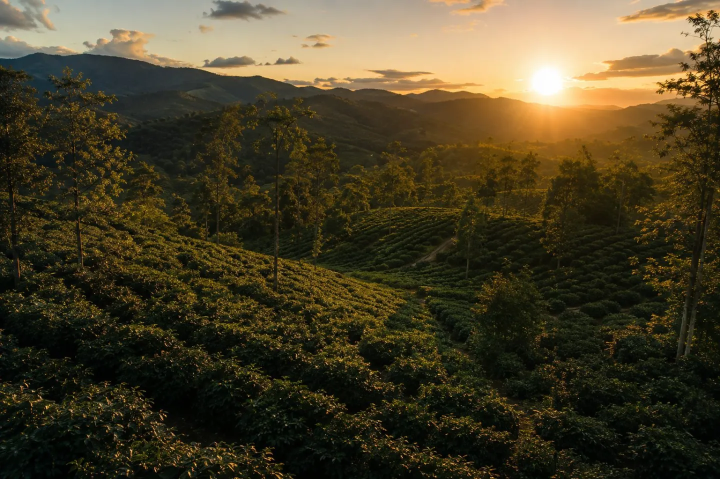 Sunset light on terraced coffee rows following the contour of the estate slope