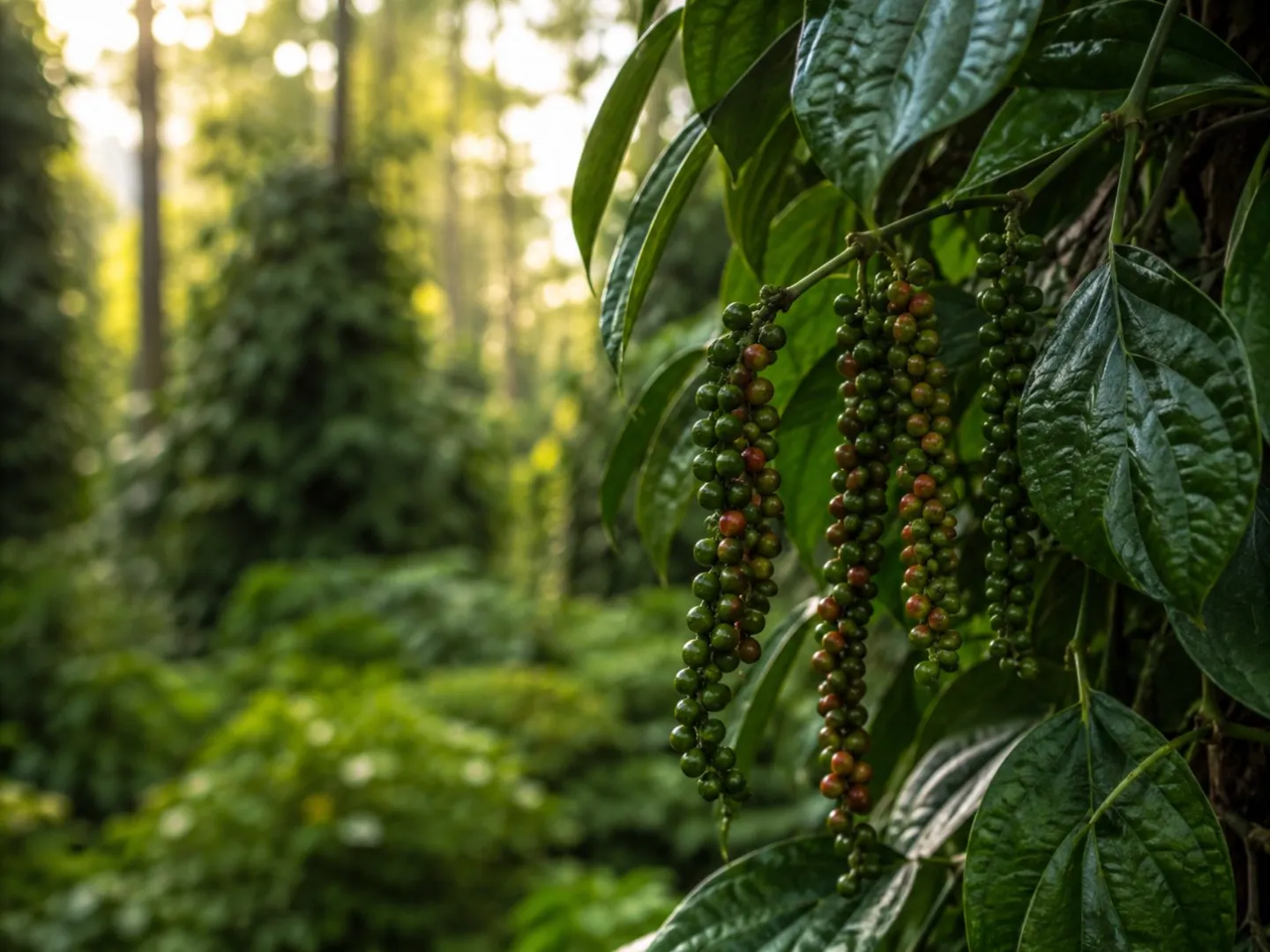 Green pepper spikes hanging from a vine with the coffee rows visible below