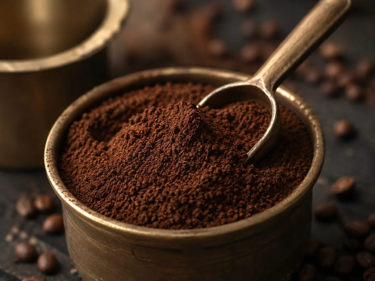 Freshly ground Cliff's estate filter coffee in a brass measure on a worn teak surface