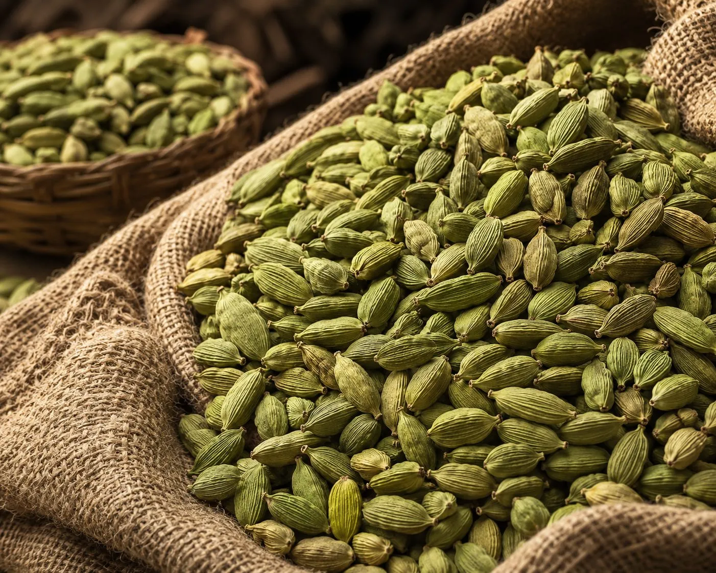 Green estate cardamom pods in cane baskets and jute sacks after picking