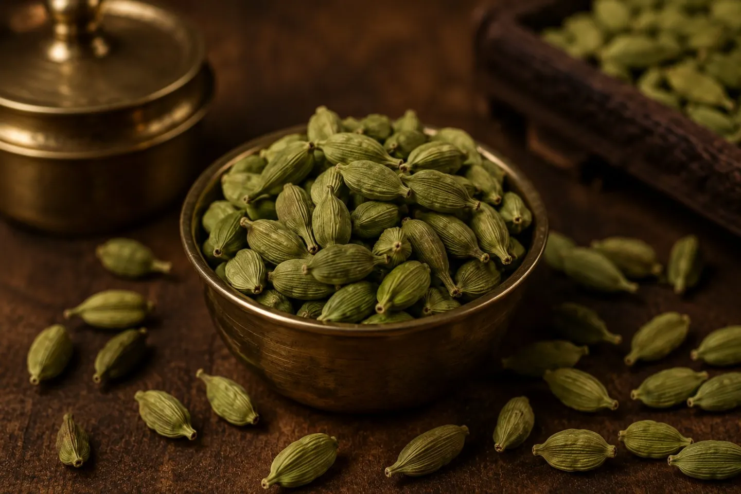 Cured green estate cardamom pods in a brass bowl