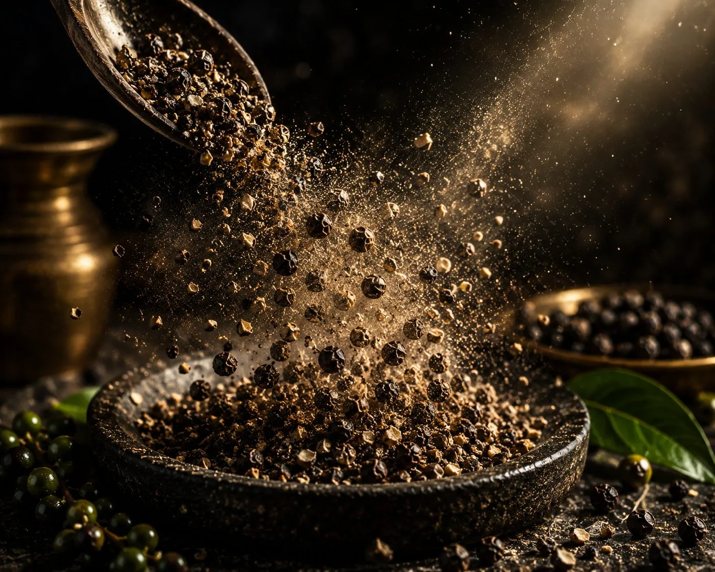 Estate black pepper being poured into a brass measure, graded and ready for packing