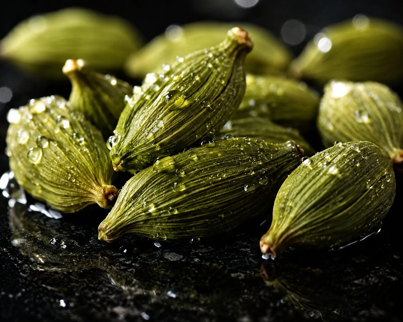 Cardamom pods on the plant still beaded with monsoon water in the estate understory