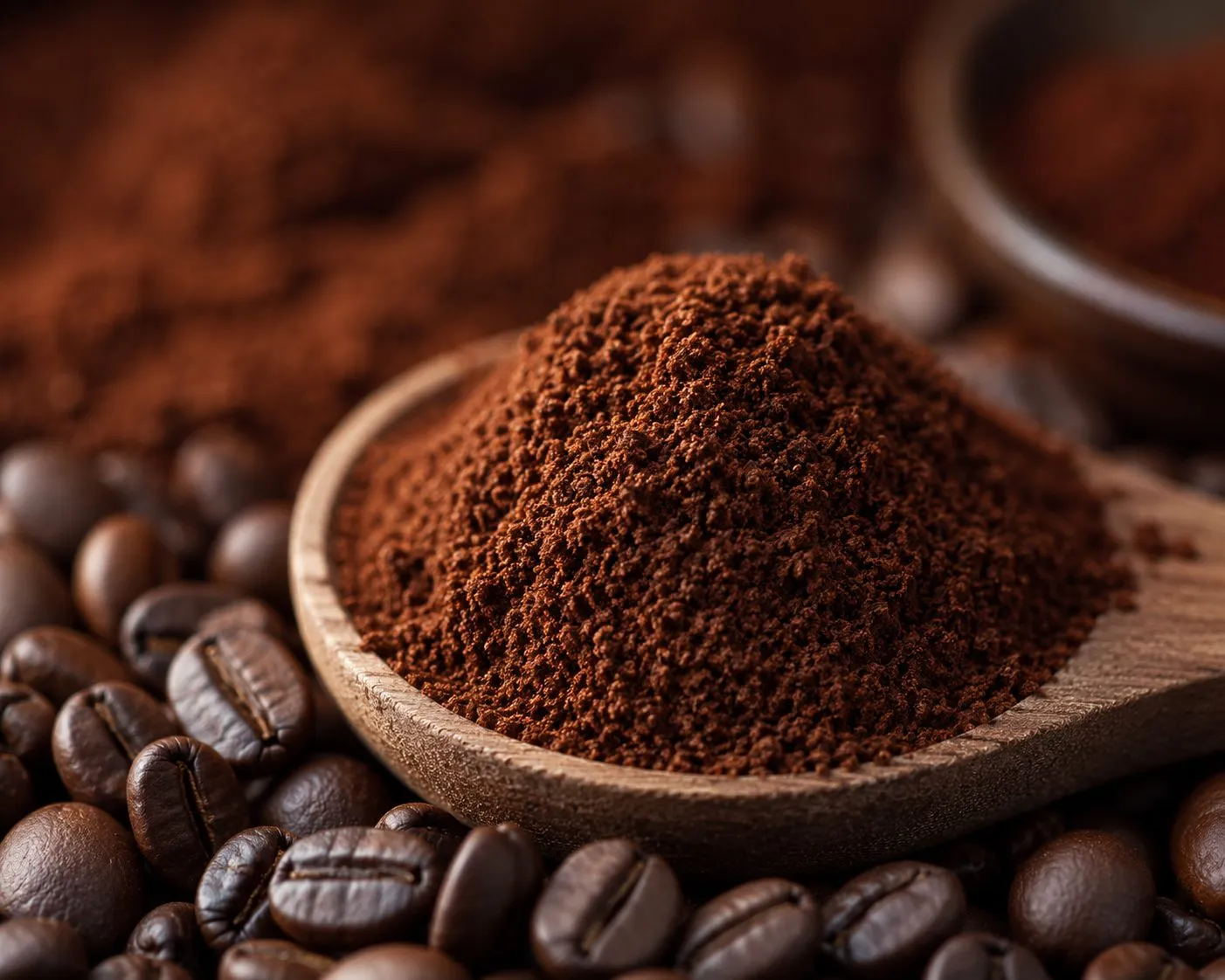 Ground estate coffee beside whole roasted beans on a dark surface