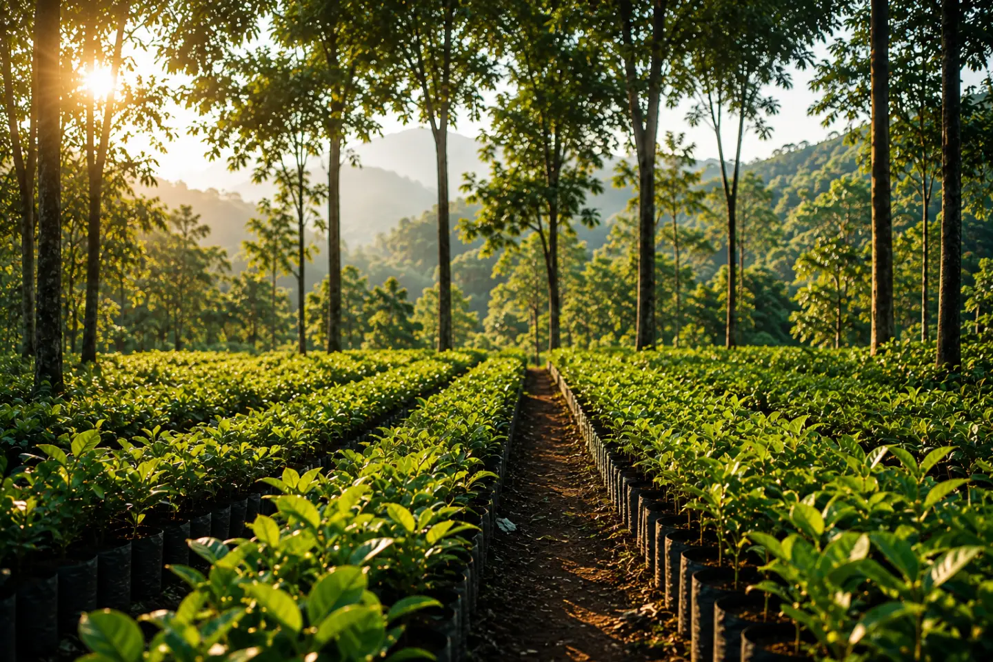 Young coffee plants raised in the estate nursery under tall shade trees