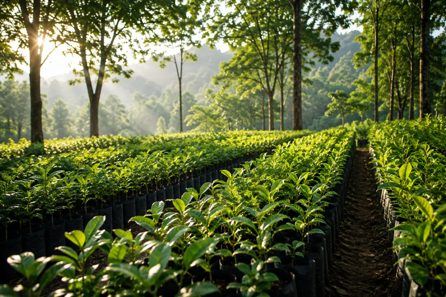 Young coffee plants raised in the estate nursery under tall shade trees