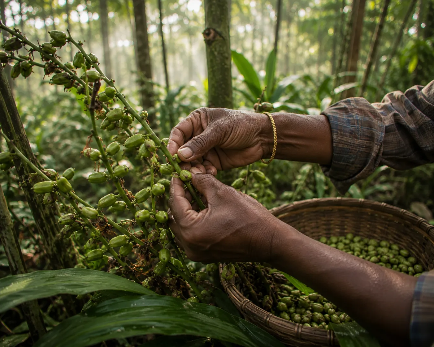Kneeling to pick ripening cardamom capsules from runners at ground level