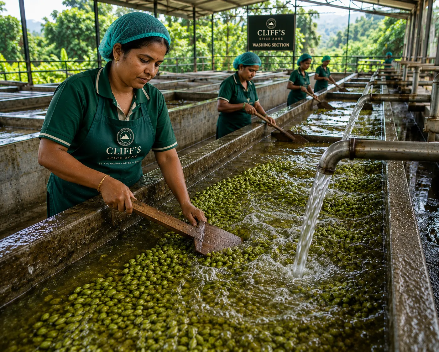 Freshly picked cardamom being washed and cleared of stalk remnants