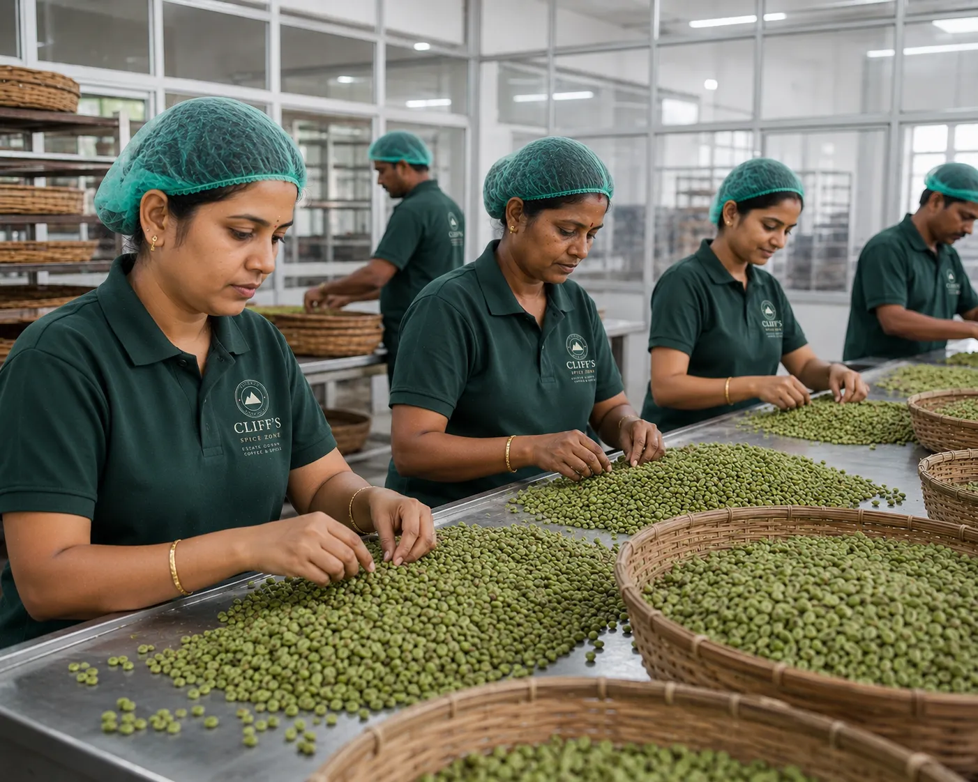 Cured cardamom being inspected and graded by size and colour on the estate