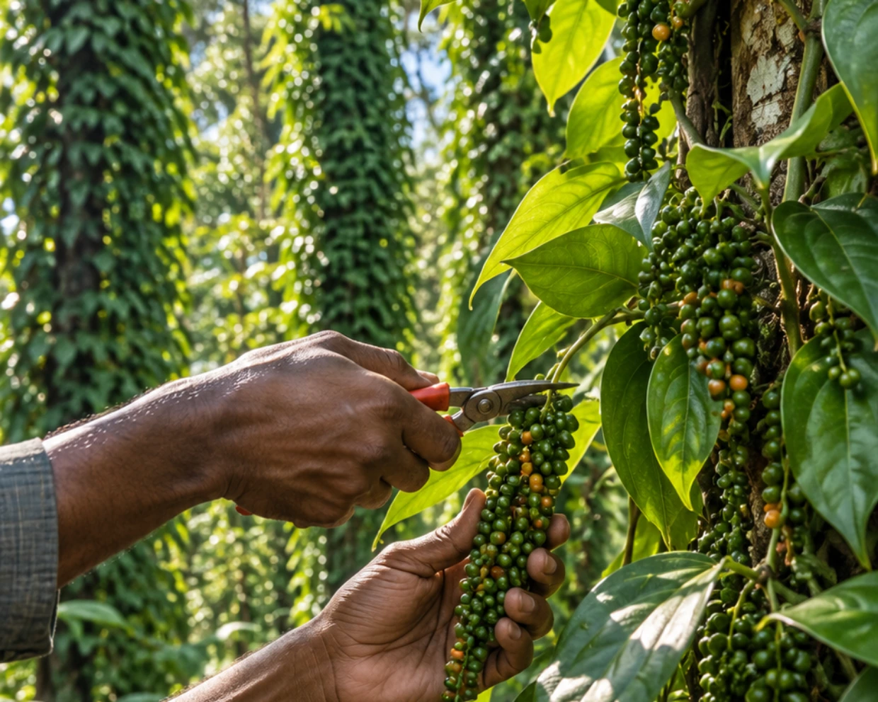 Cutting ripening pepper spikes from a vine during the estate pepper harvest