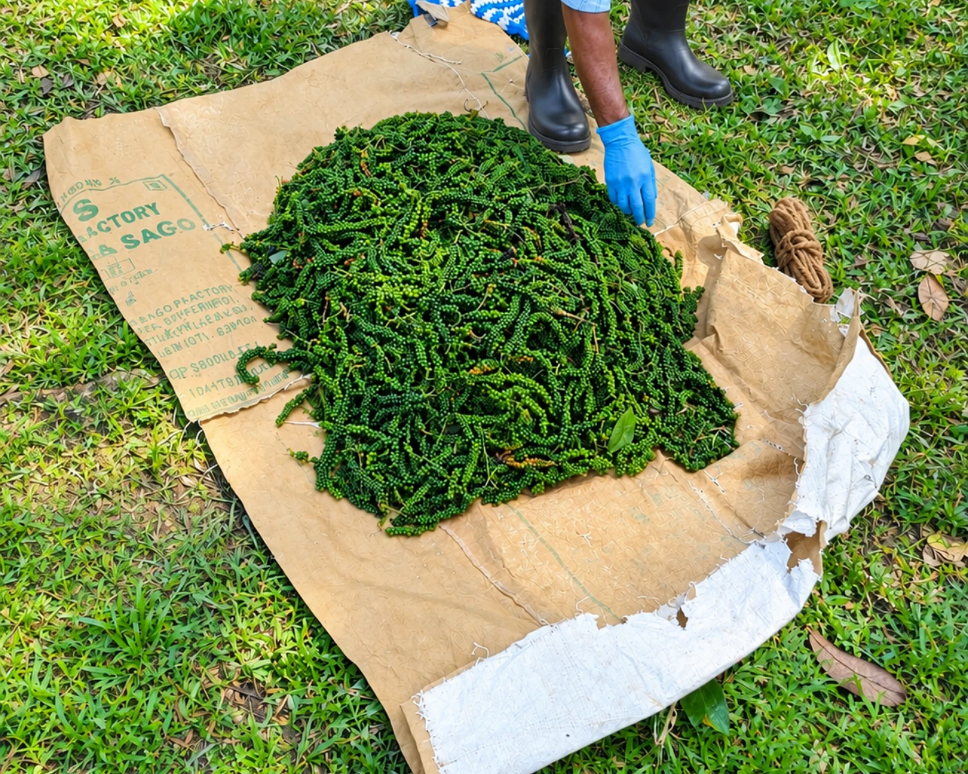 Separating pepper berries from the spike by hand on the estate