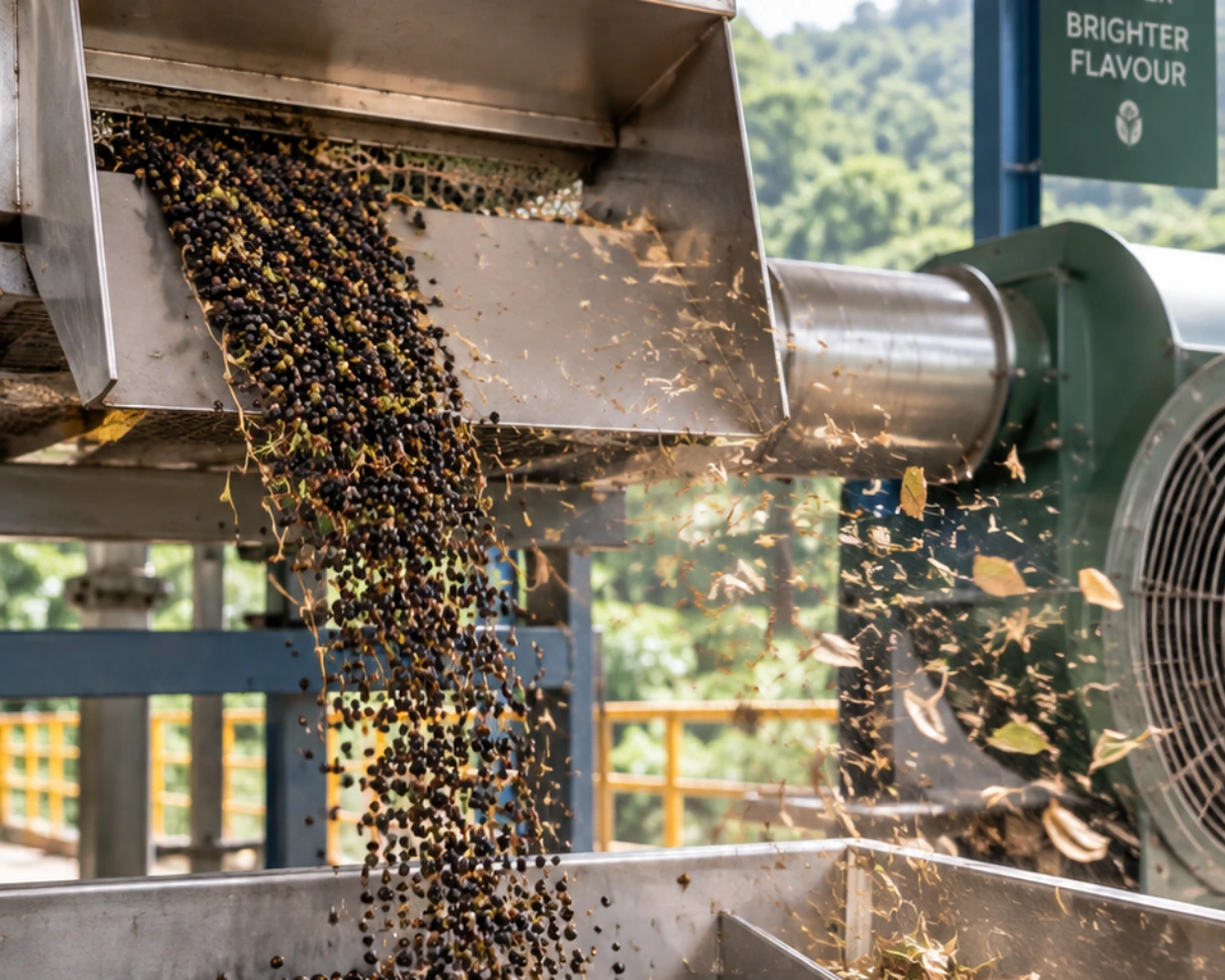 Dried pepper falling through the estate winnower as chaff and light berries blow clear