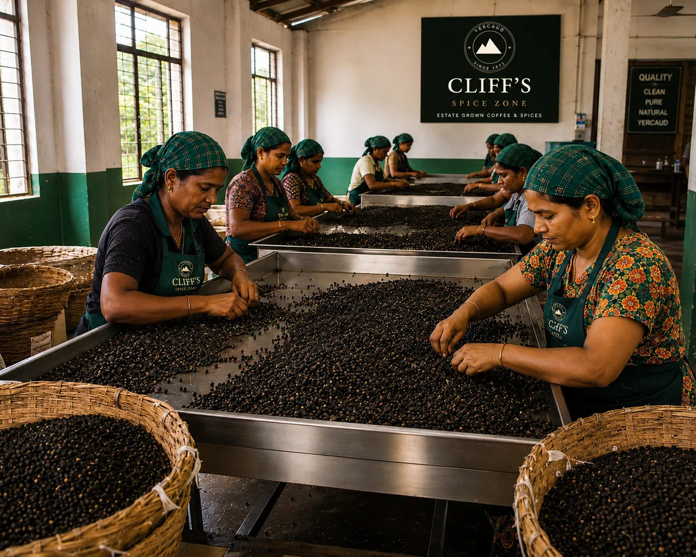 Dried peppercorns being hand-sorted and graded on the estate sorting table