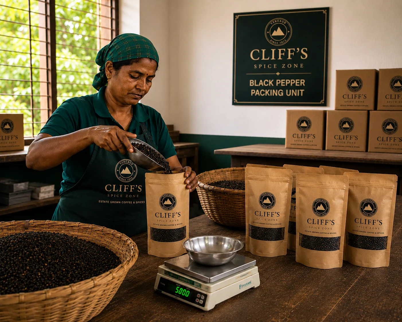 Graded estate peppercorns being weighed and sealed into stamped packaging