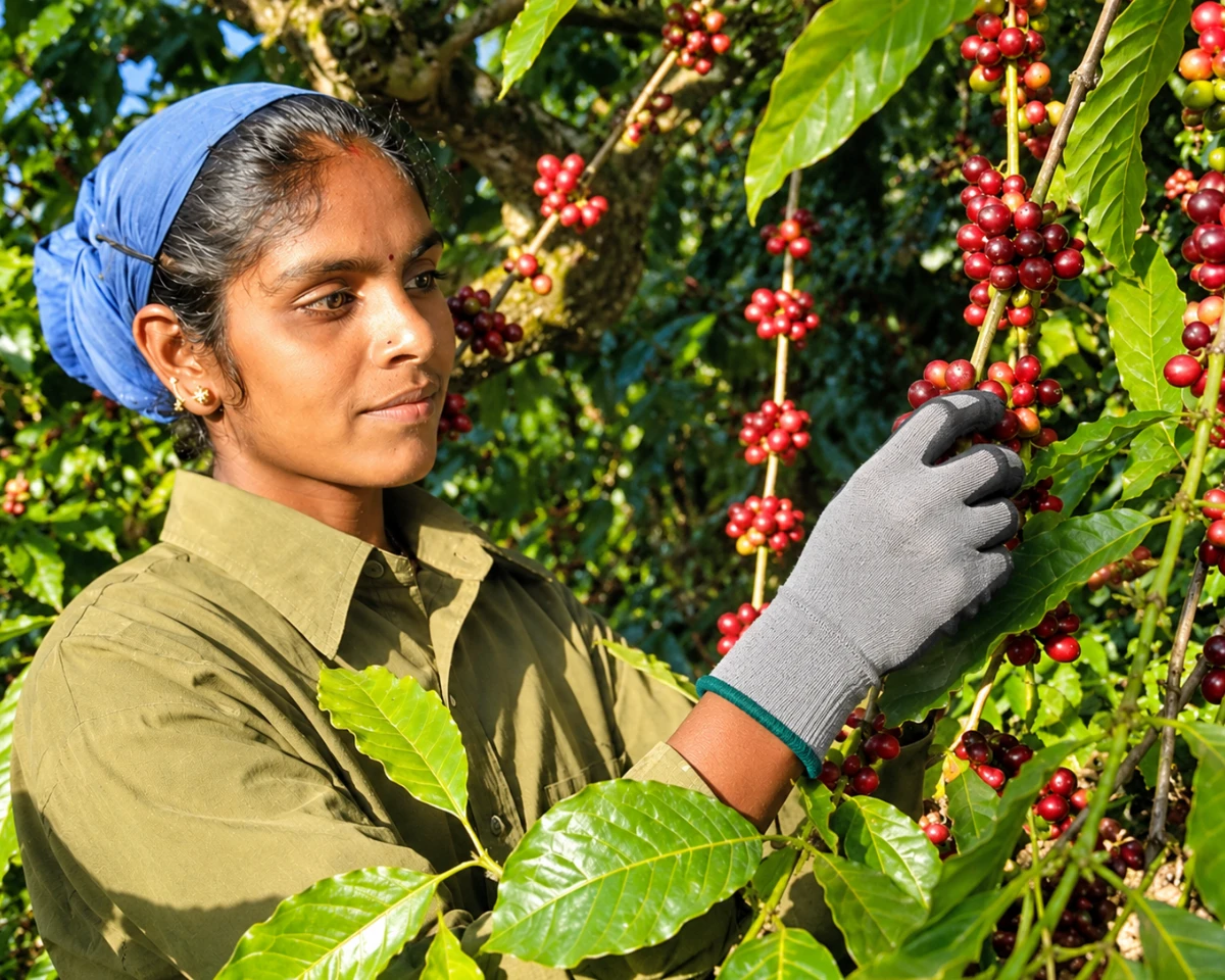 Pickers hand-harvesting ripe red coffee cherries in the estate rows