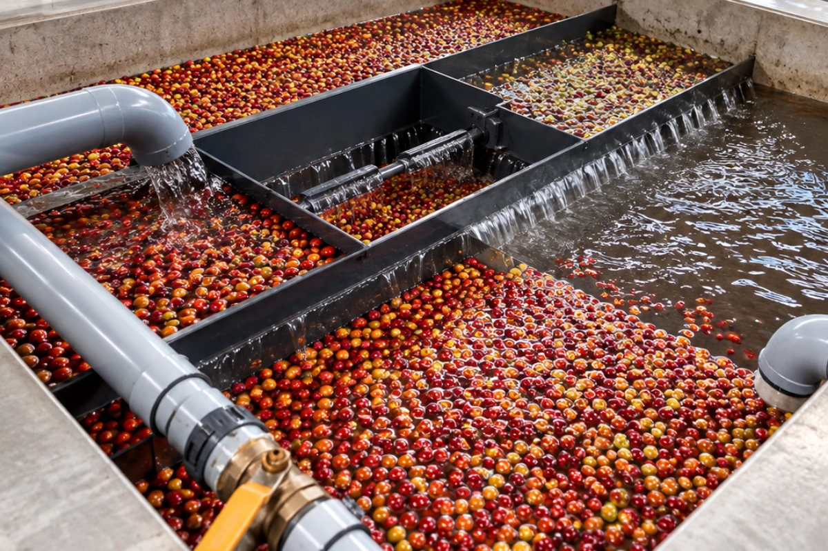 Coffee cherries being floated and sorted in water tanks at the estate wet mill