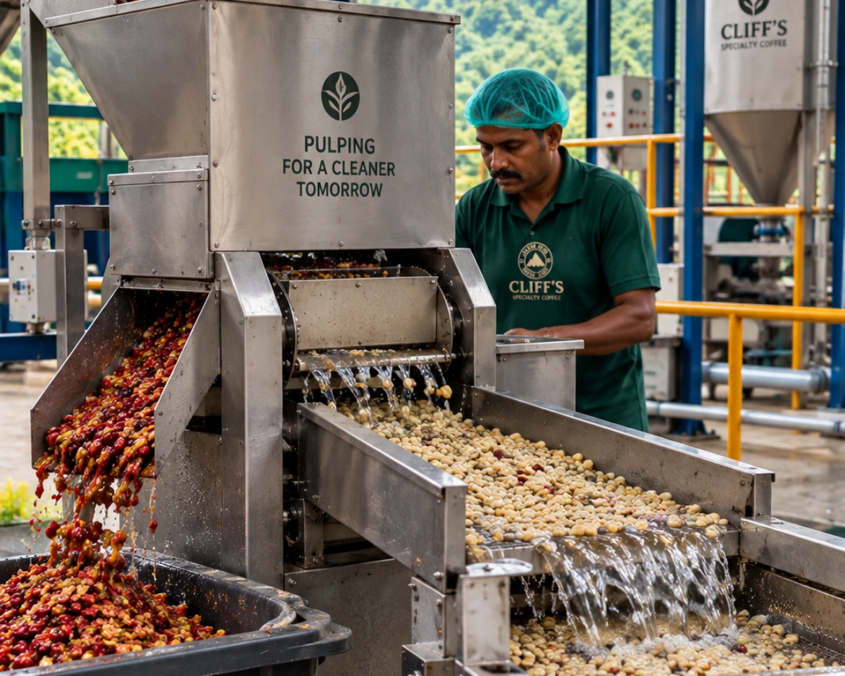 The estate's vertical pulpers stripping skin and pulp from the day's coffee cherries