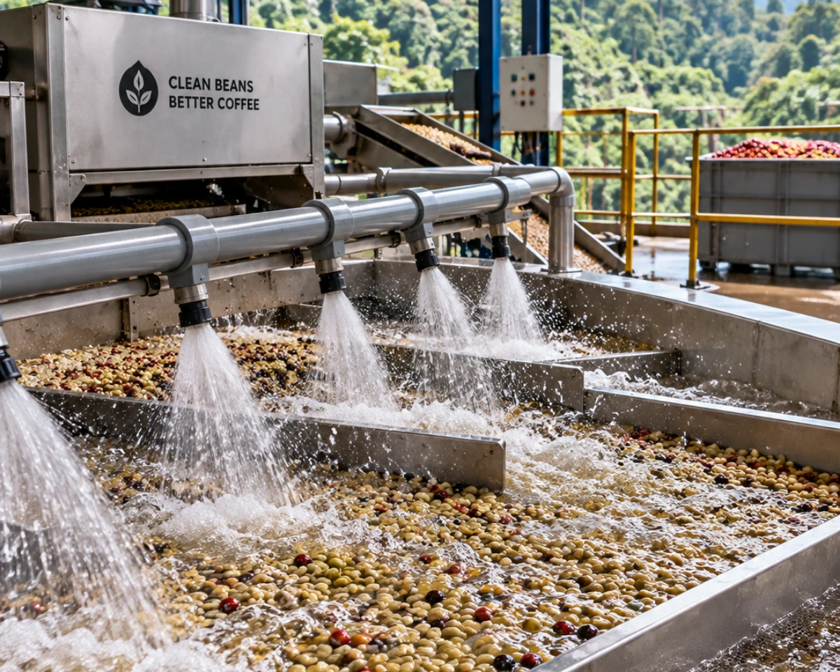 Water jets spraying into the estate aqua-washing channels to strip mucilage from the beans