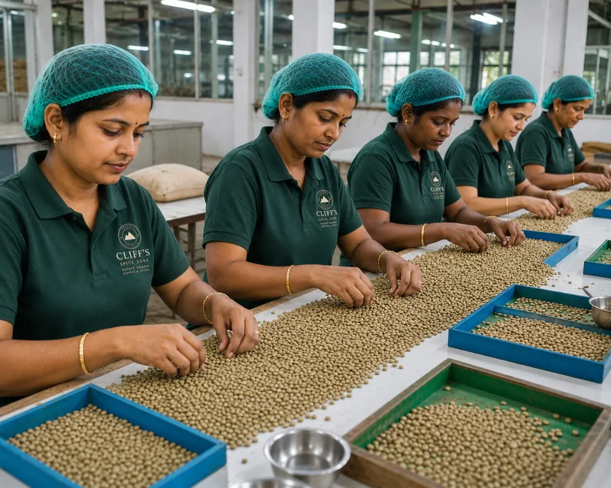 Green estate coffee being screen-graded and hand-sorted for defects