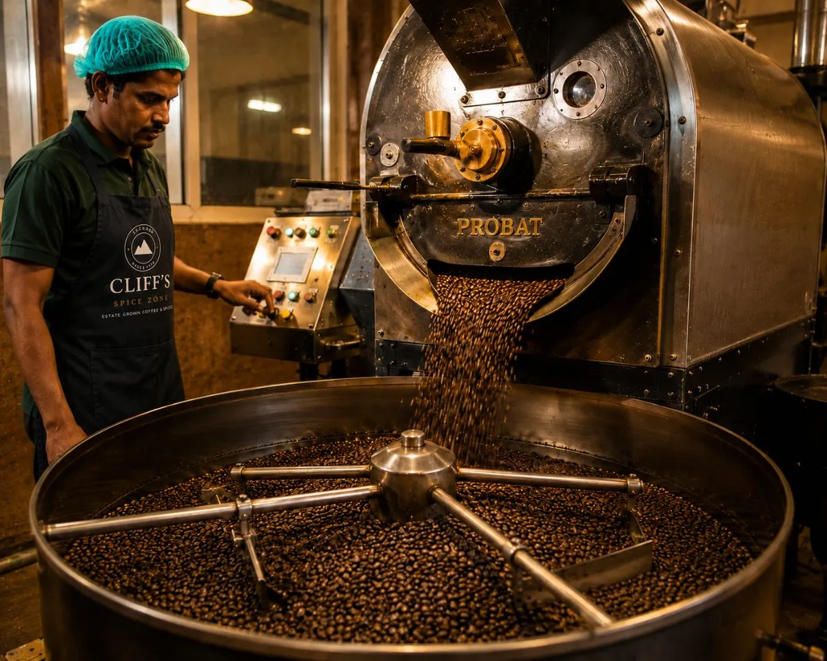 Estate coffee turning in a small drum roaster to a South Indian filter profile