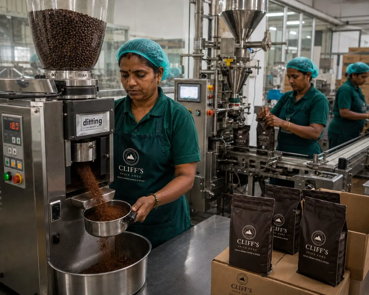 Freshly ground estate coffee being weighed into kraft pouches and stamped